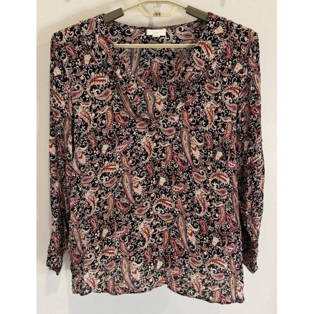 J Jill Black Burgundy Paisley Print Ruffle V Neck Wrist Long Sleeve Shirt Size L